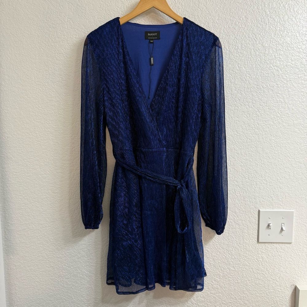 Bardot Bellissa long sleeve metallic minidress navy Lurex size Large (US 8) NWOT